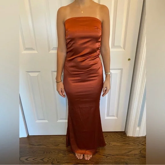 brown strapless wedding guest dress Sheath Maxi Satin Wedding Guest Dress Strapless Ruched Formal Gown COCOMELODY 972310810695, Bitter Chocolate main image 0